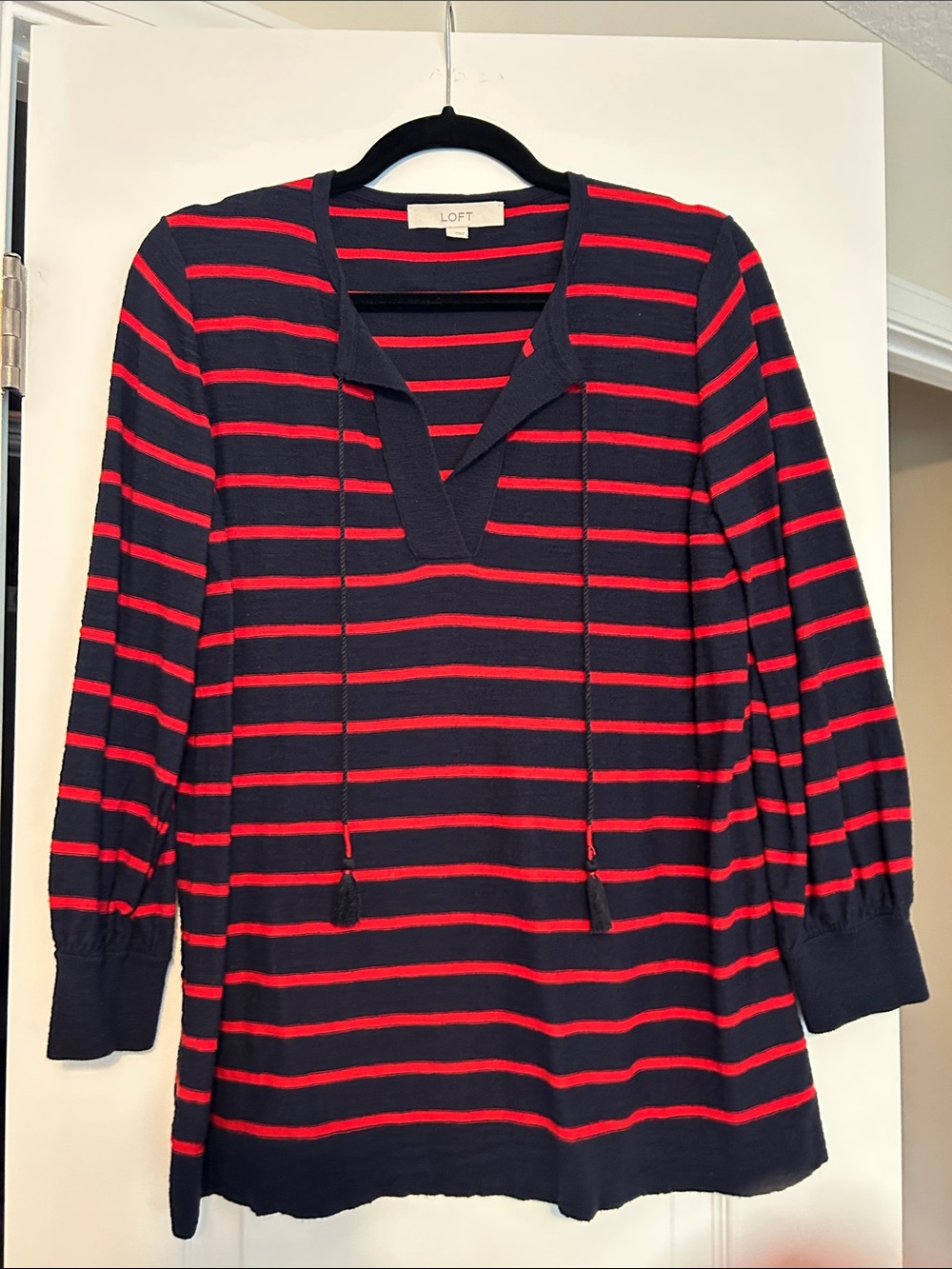 LOFT Navy and Red Striped V-Neck Tunic